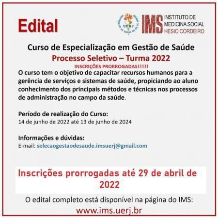 Curso de especializacao em gestao de saude inscricoes prorrogadas
